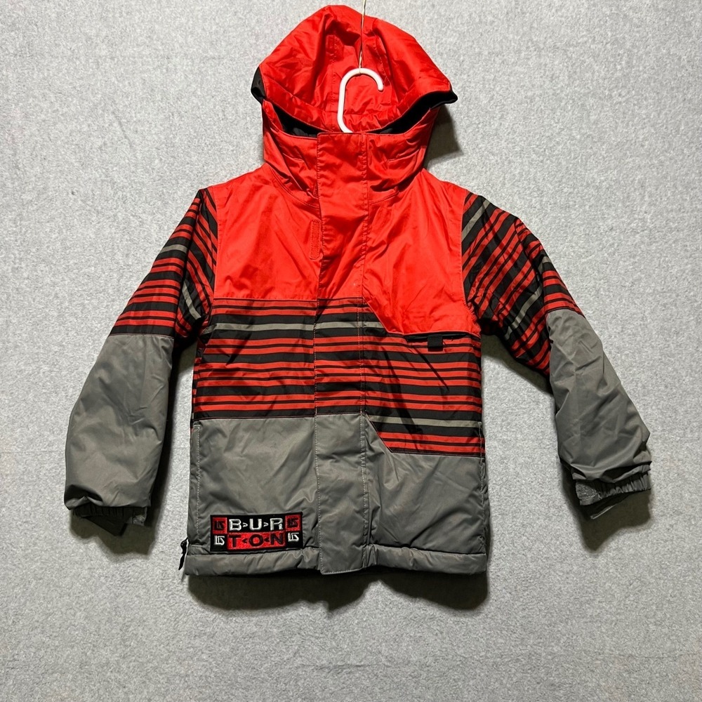 Burton Kids Ski Snowboard Jacket Red Gray Stripe Insulated Hooded XS 3/4